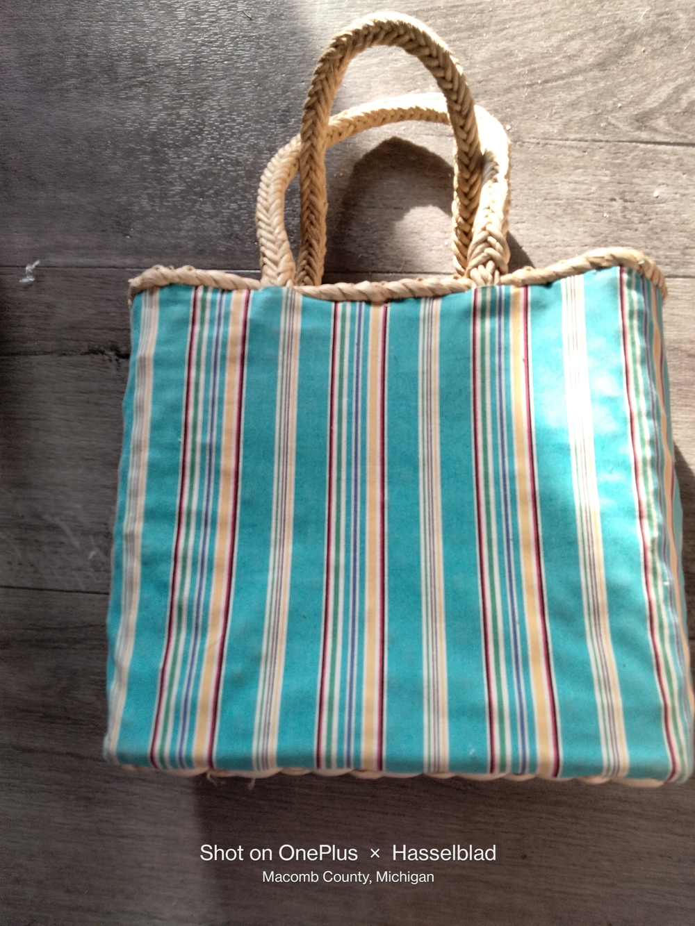 Ralph Lauren Turquoise Striped Canvas Tote with Braided Handles